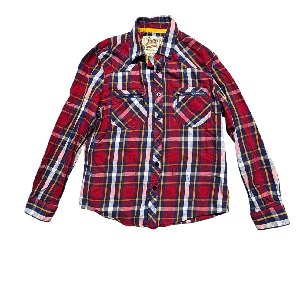 JNCO Men's Plaid Lightweight Button Front‎ Shirt Zip Pockets Sz Large Red Skater